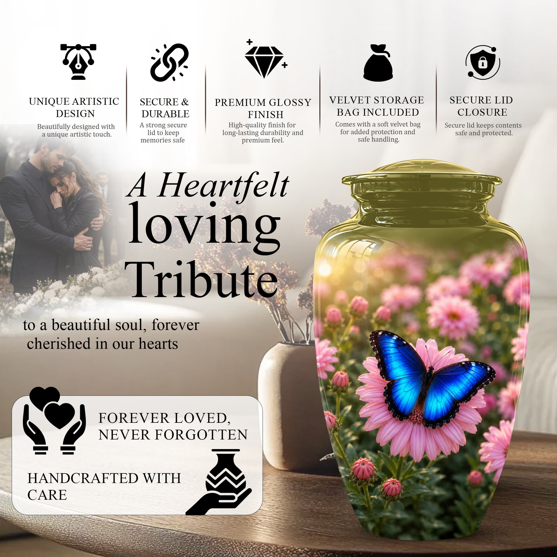 Personalized Blue Butterfly Urn - Pink Flower Memorial Urns For Ashes