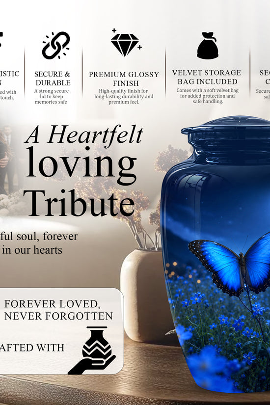 Personalized Blue Butterfly Cremation Urn - Handcrafted Urns For Mom