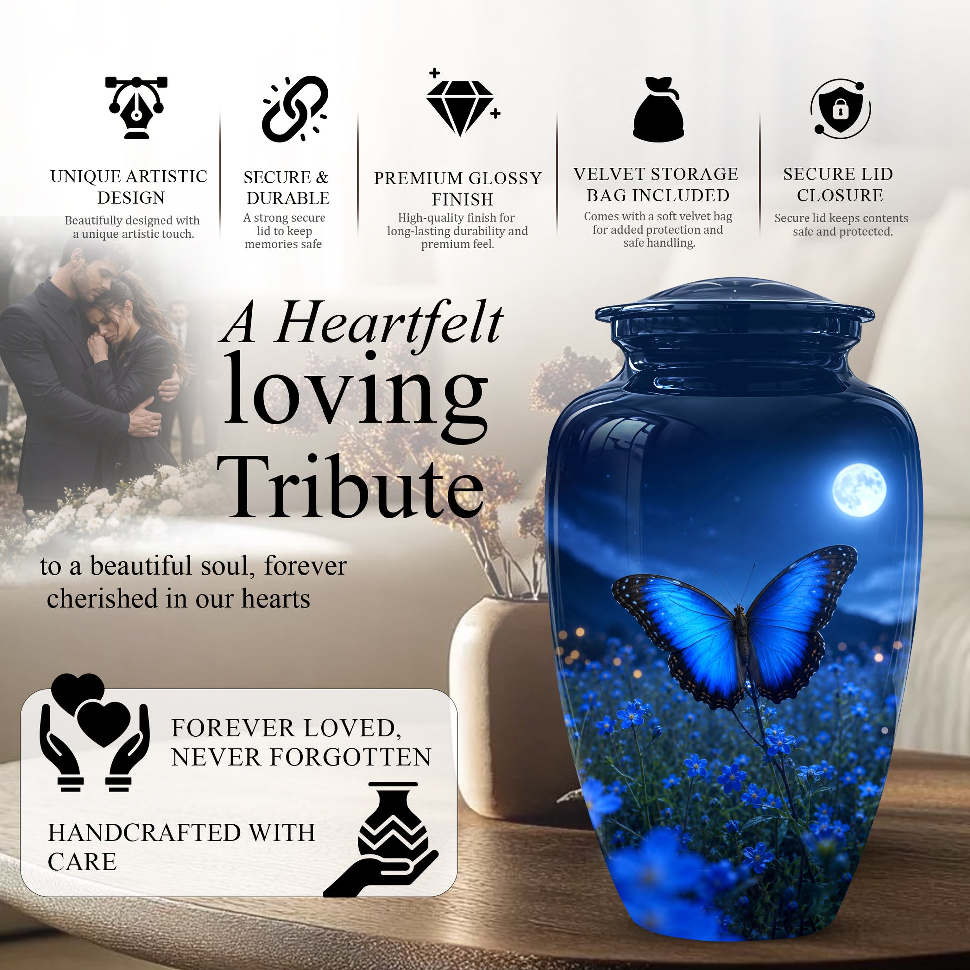 Personalized Blue Butterfly Cremation Urn - Handcrafted Urns For Mom