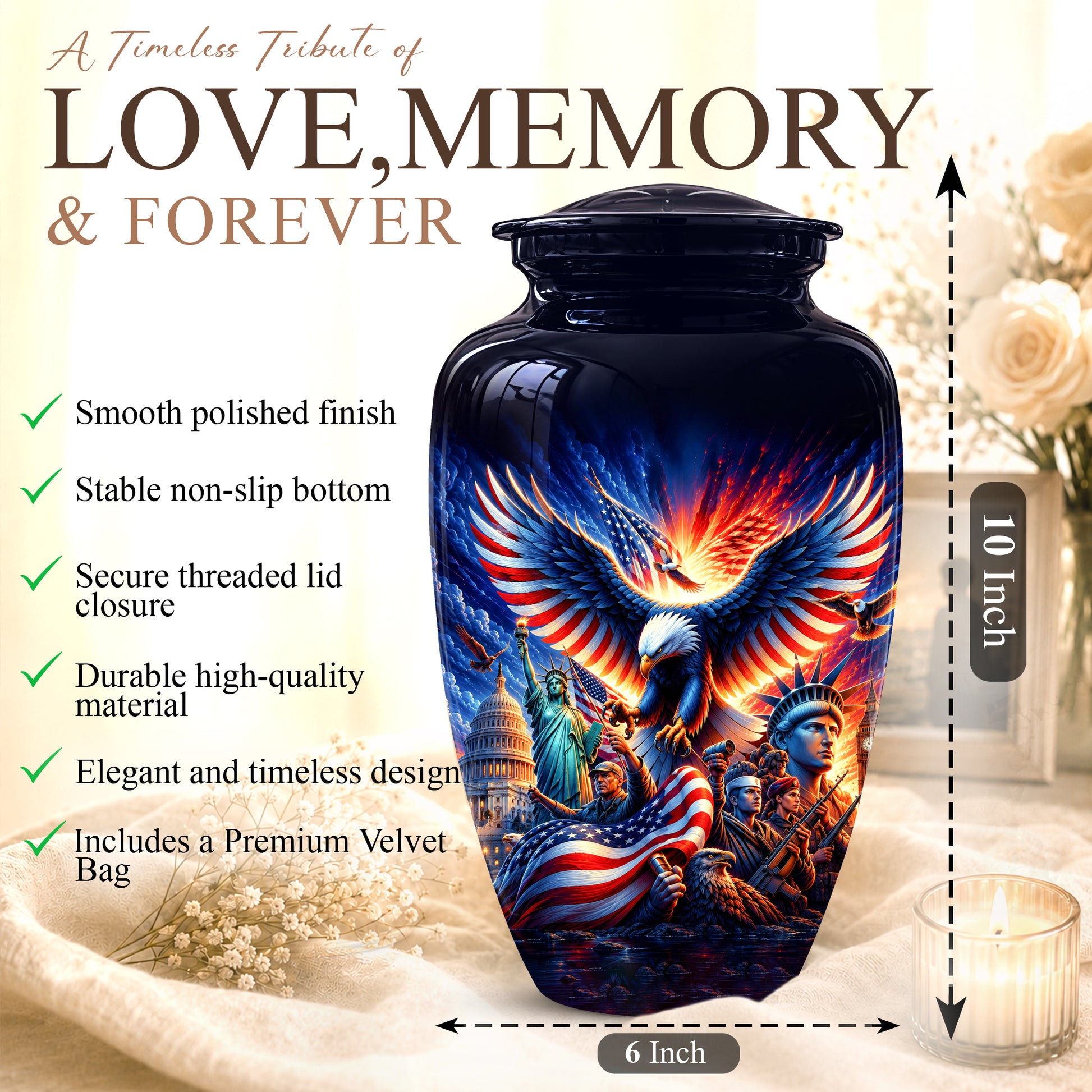 Custom Veteran Cremation Urn - American Flag & Eagle Urns For Ashes