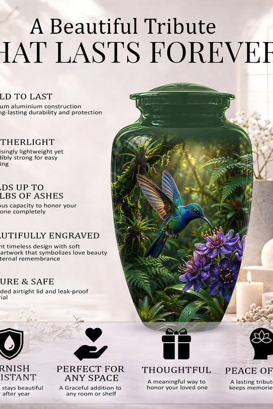 Flying Hummingbird Themed Urn - Beautiful Purple Flower Cremation Urns
