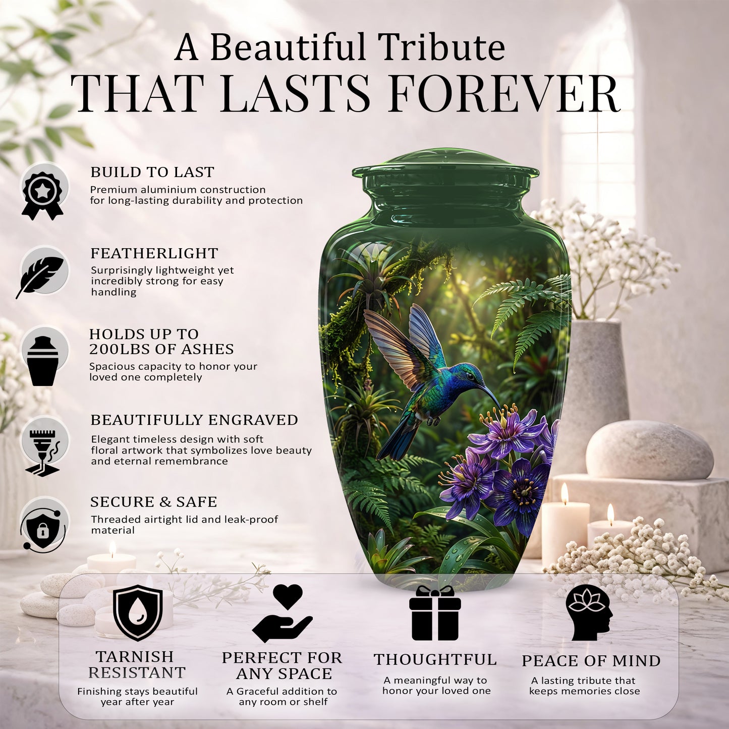 Flying Hummingbird Themed Urn - Beautiful Purple Flower Cremation Urns