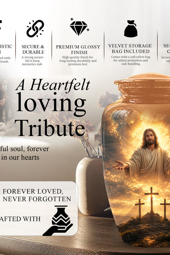 Christian Cross Themed Urn - Sunset Jesus Urns For Spiritual Human Ashes