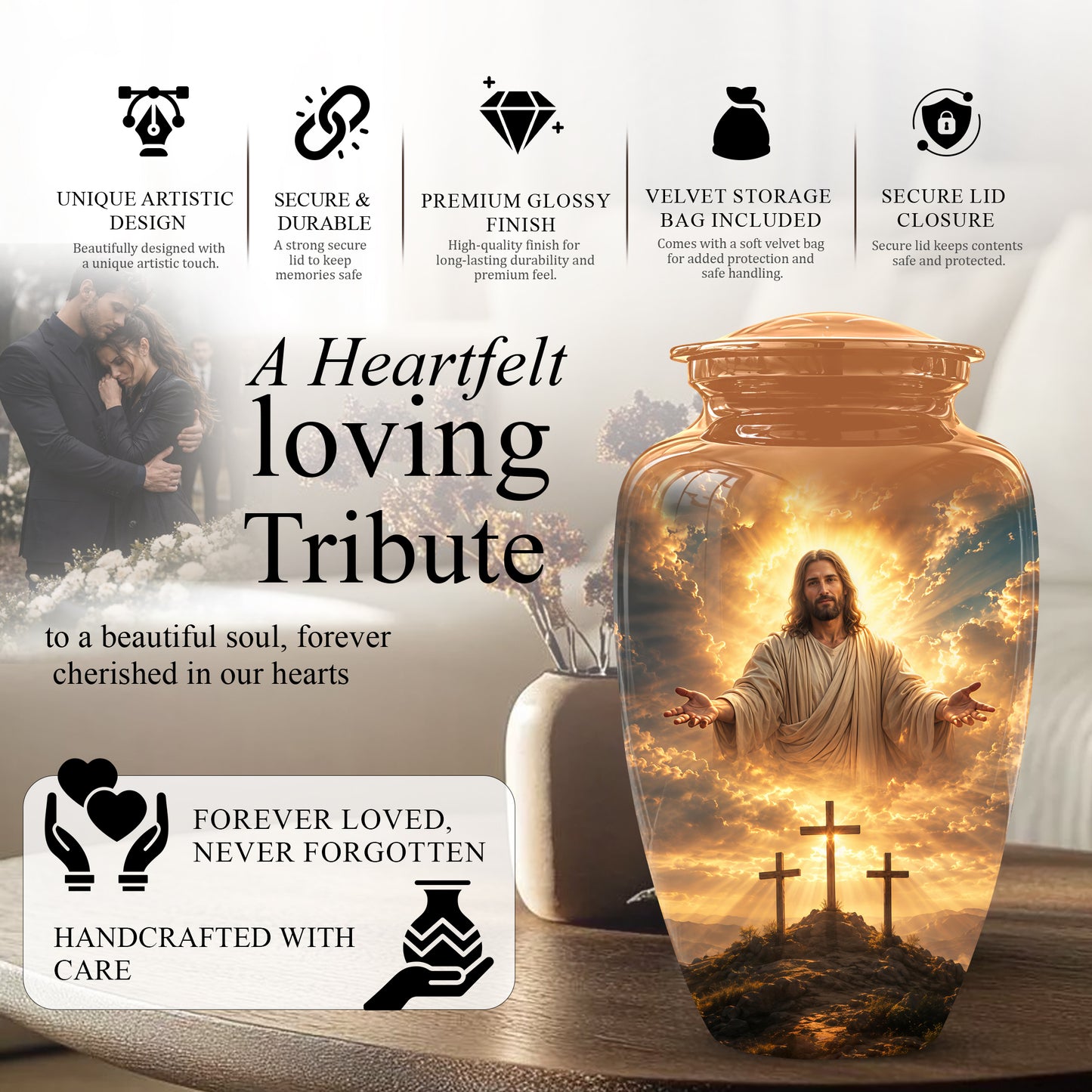 Christian Cross Themed Urn - Sunset Jesus Urns For Spiritual Human Ashes