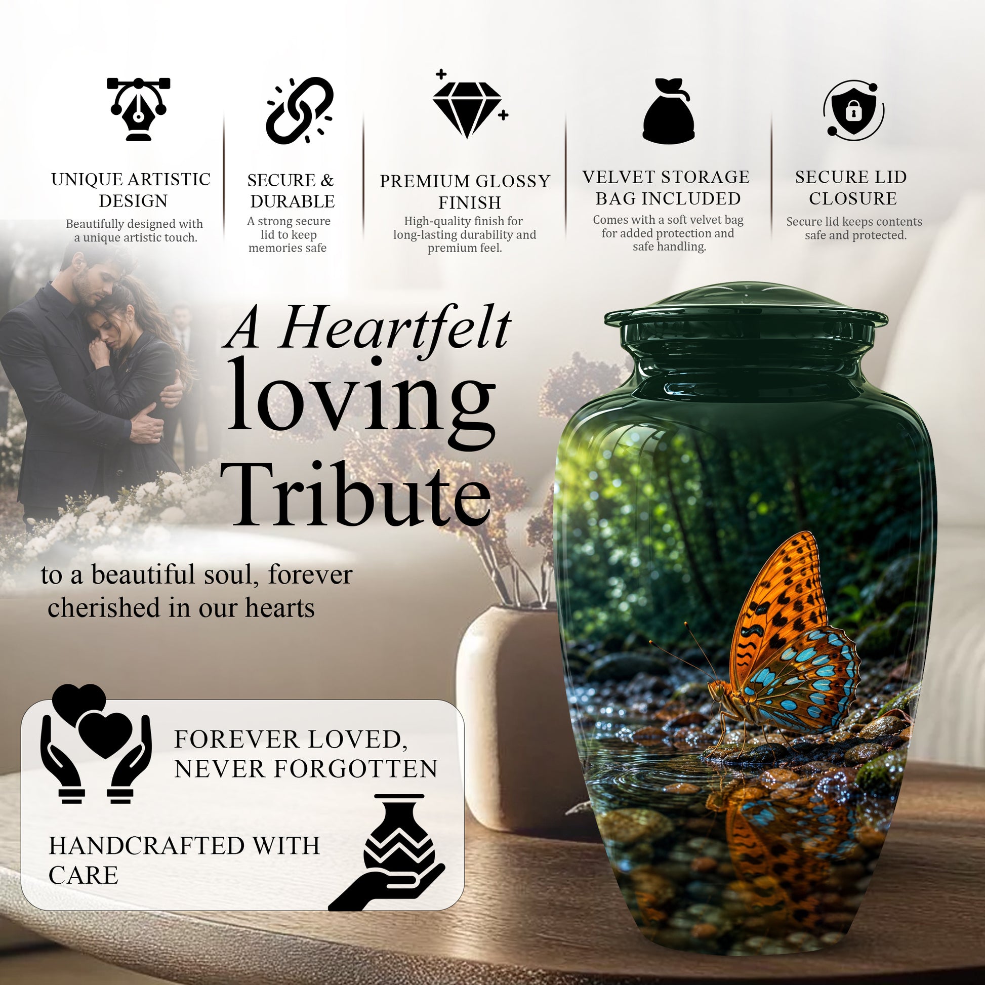 Orange Butterfly Memorial Urn - Personalized Memorial Urns For Ashes