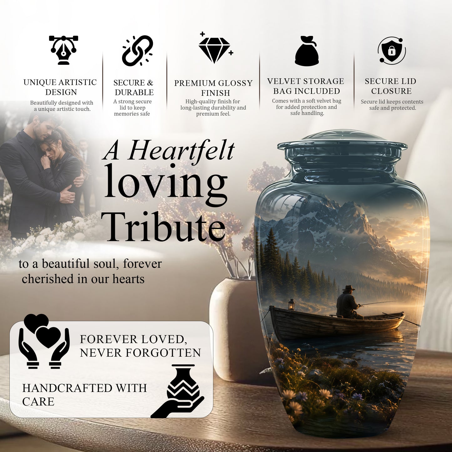 Fisherman Themed Urn - Artistic Fishing Landscape Urns For Human Ashes