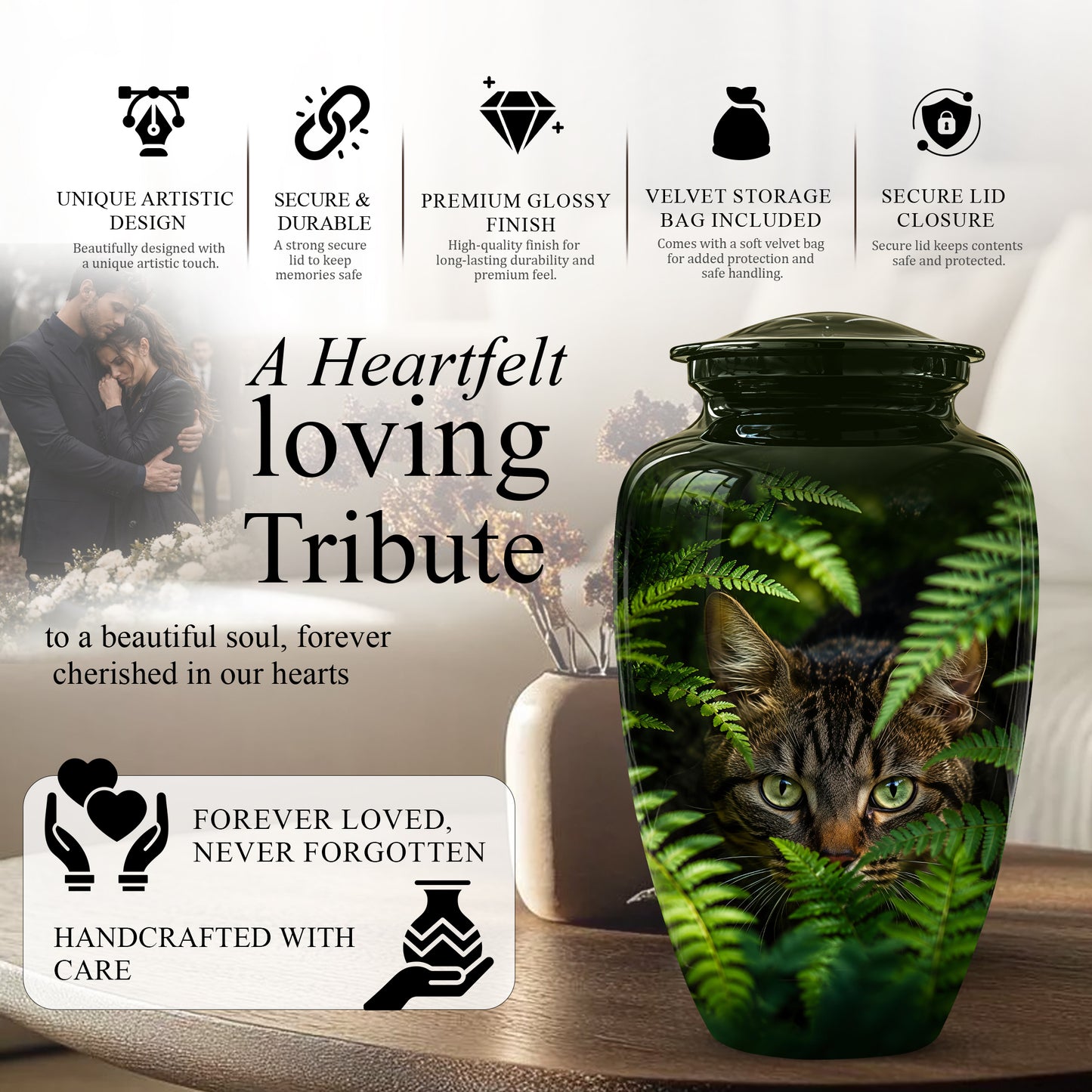 Cat Cremation Urns For Ashes - Personalized Black Pet Burial Urns