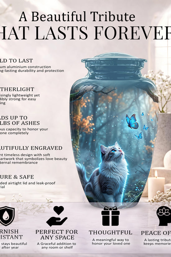 White Cat With Flying Butterfly - Custom Handcrafted Urns For Humans