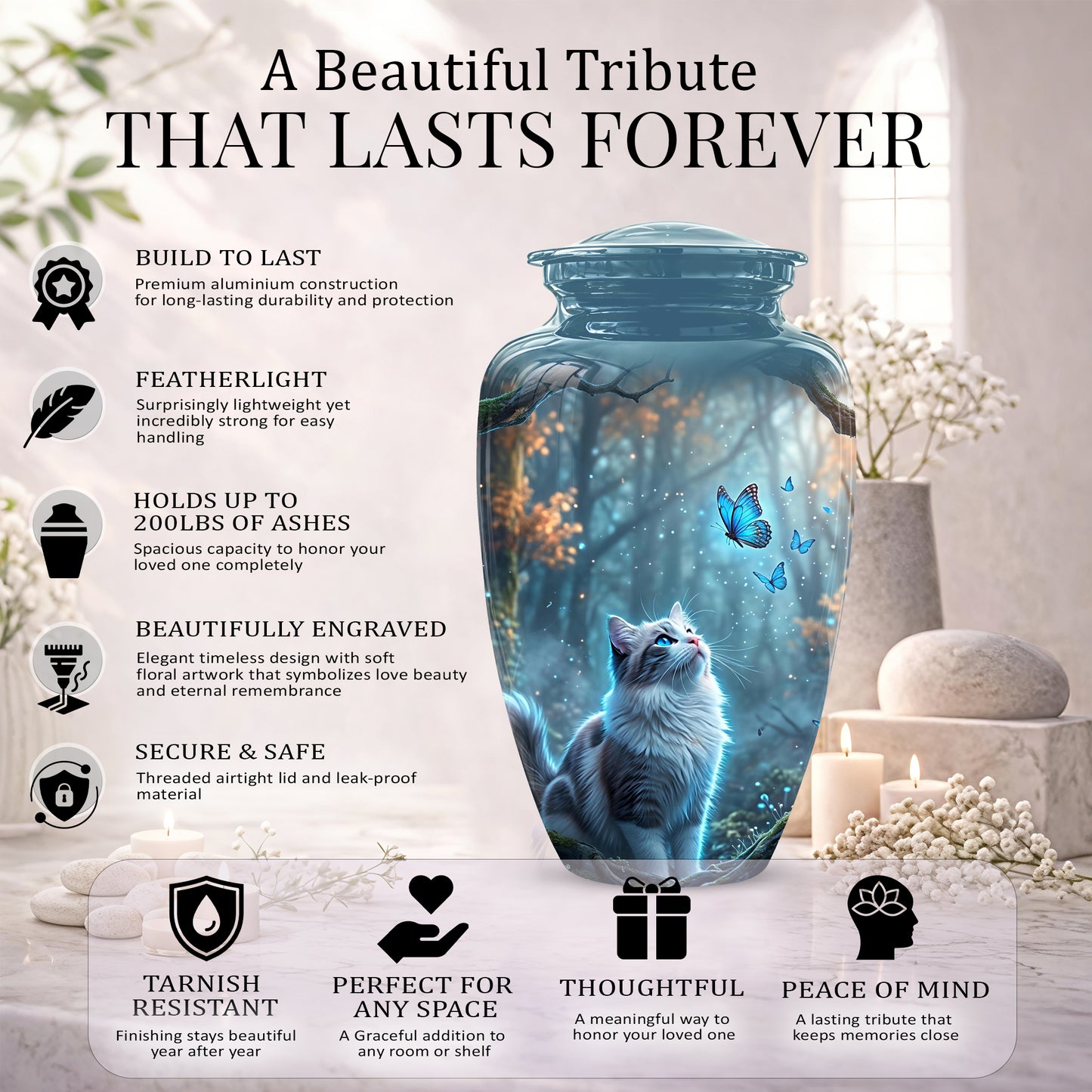 White Cat With Flying Butterfly - Custom Handcrafted Urns For Humans