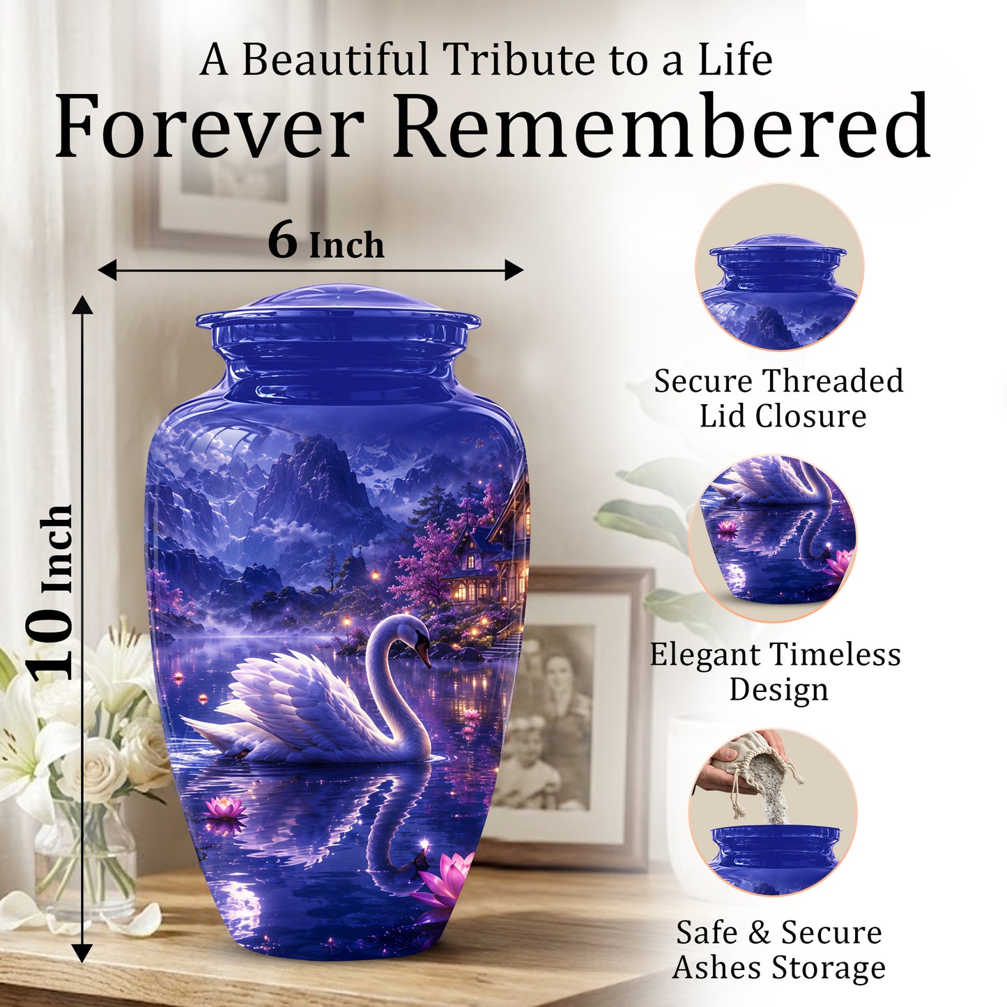 White Swan Cremation Urn - Night Landscape Funeral Urns For Human Ashes