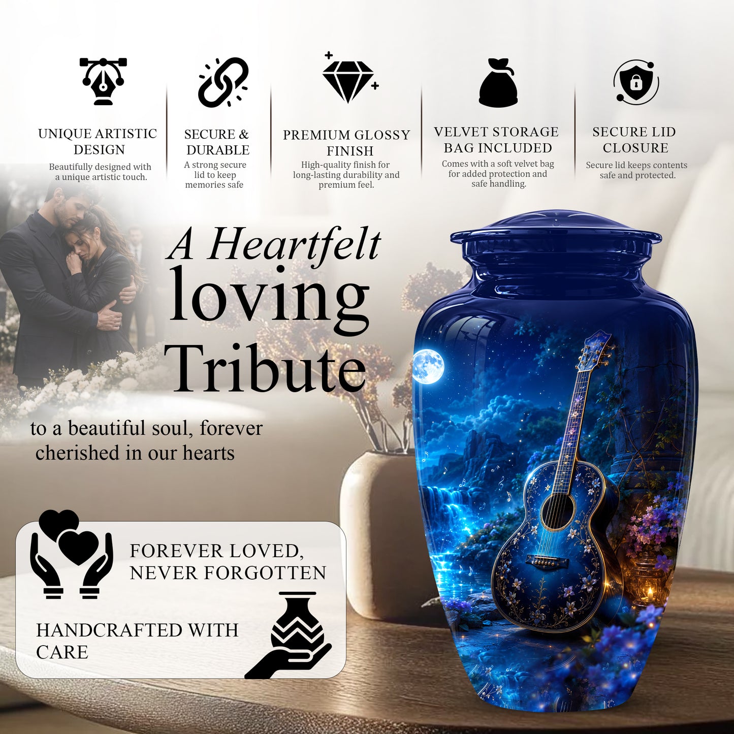 Blue Guitar Moonlight Urn - Beautiful Artistic Urns For Music Lovers
