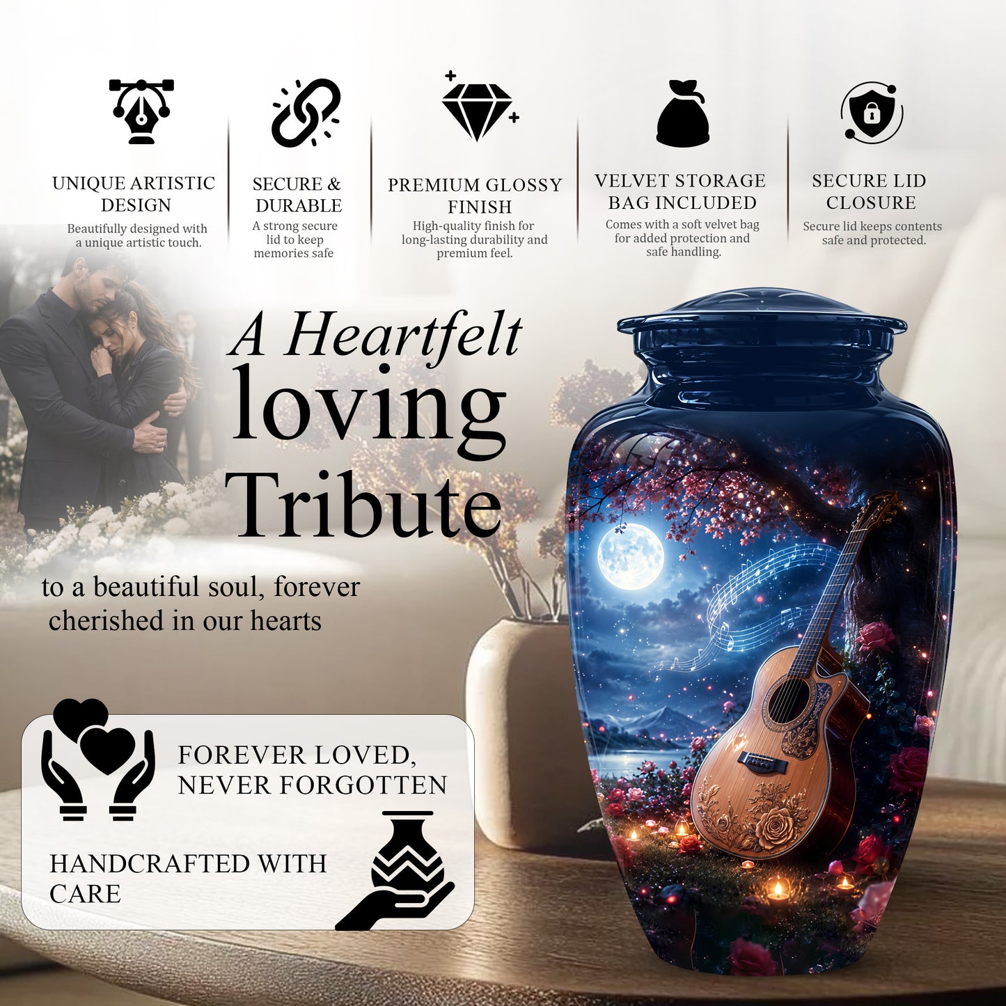 Artistic Guitar Memorial Urn - Beautifully Handcrafted Urns For Humans