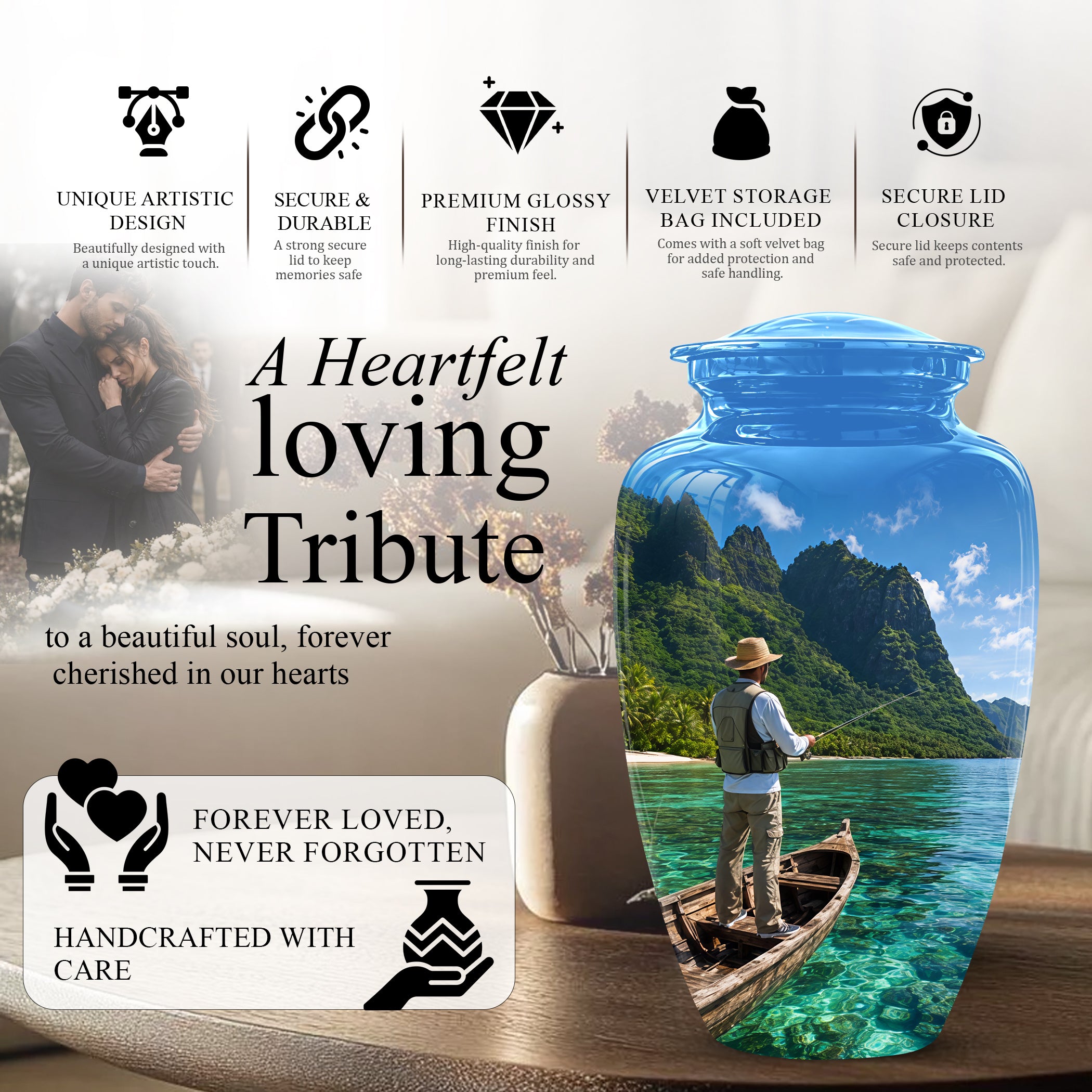 Father Fishing Cremation Urn - Majestic Memorial Urns For Human Ashes