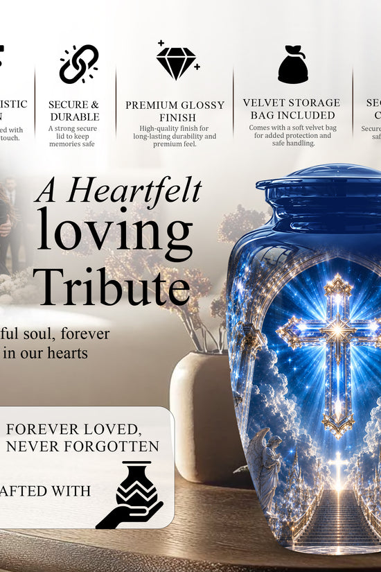 Heavenly Cross Cremation Urn – Blue Memorial Urn For Human Ashes