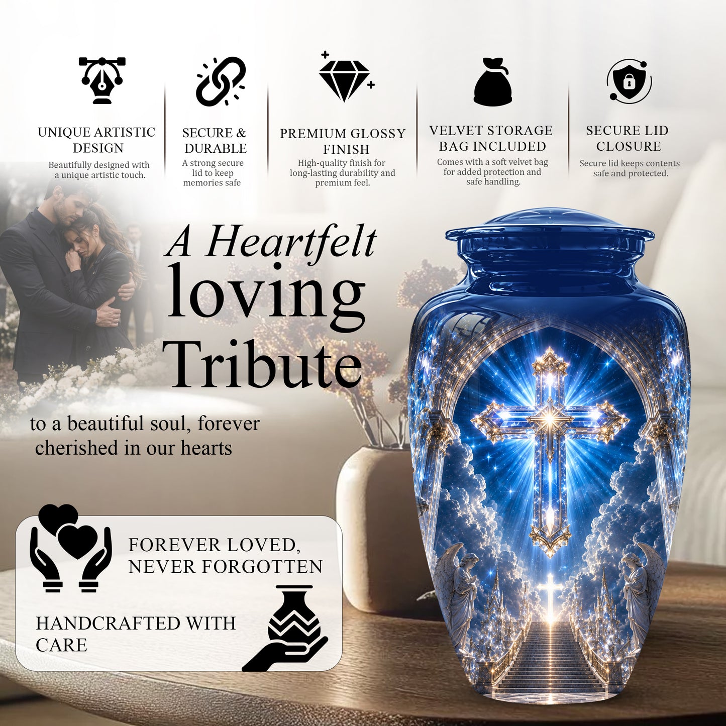 Heavenly Cross Cremation Urn – Blue Memorial Urn For Human Ashes