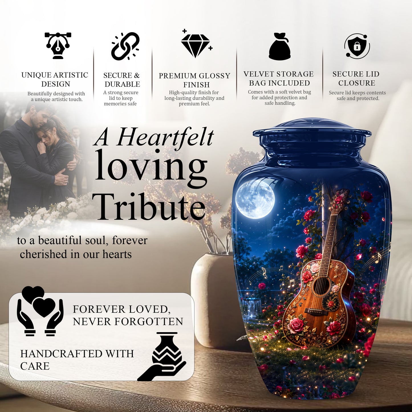 Starry Guitar Memorial Urn - Artistic Funeral Urns For Musicians Ashes