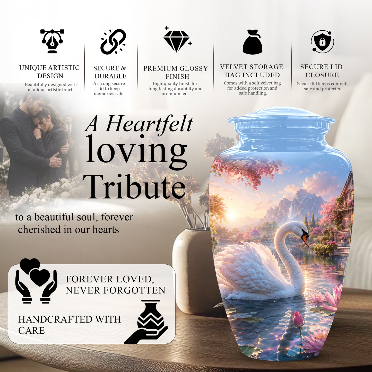 White Swan Themed Urn - Beautiful Custom Memorial Urns For Men & Women