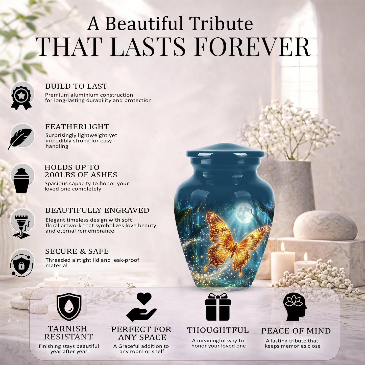 Glowing Yellow Butterfly Themed Urn - Moonlight Memorial Urns For Ashes