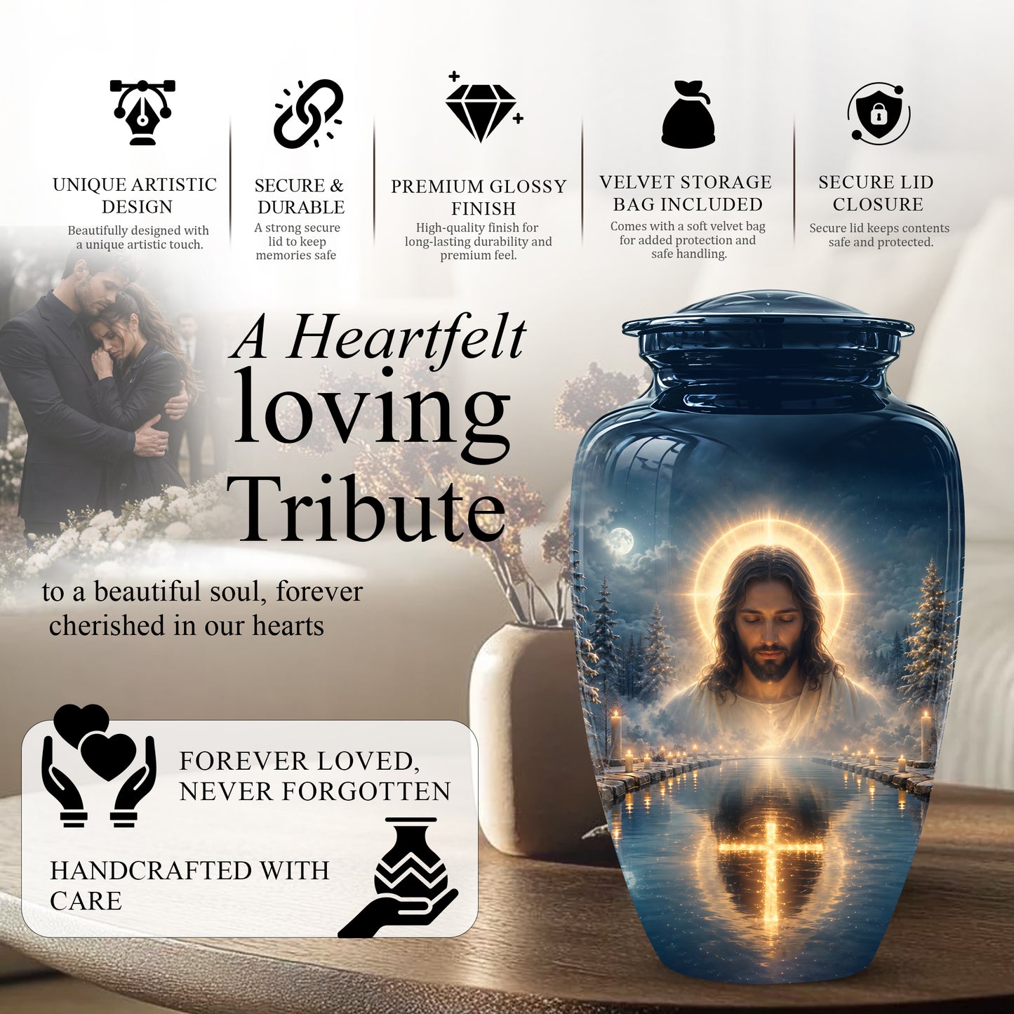 Divine Jesus Cremation Urn for Ashes – Christian Cross Memorial Urn
