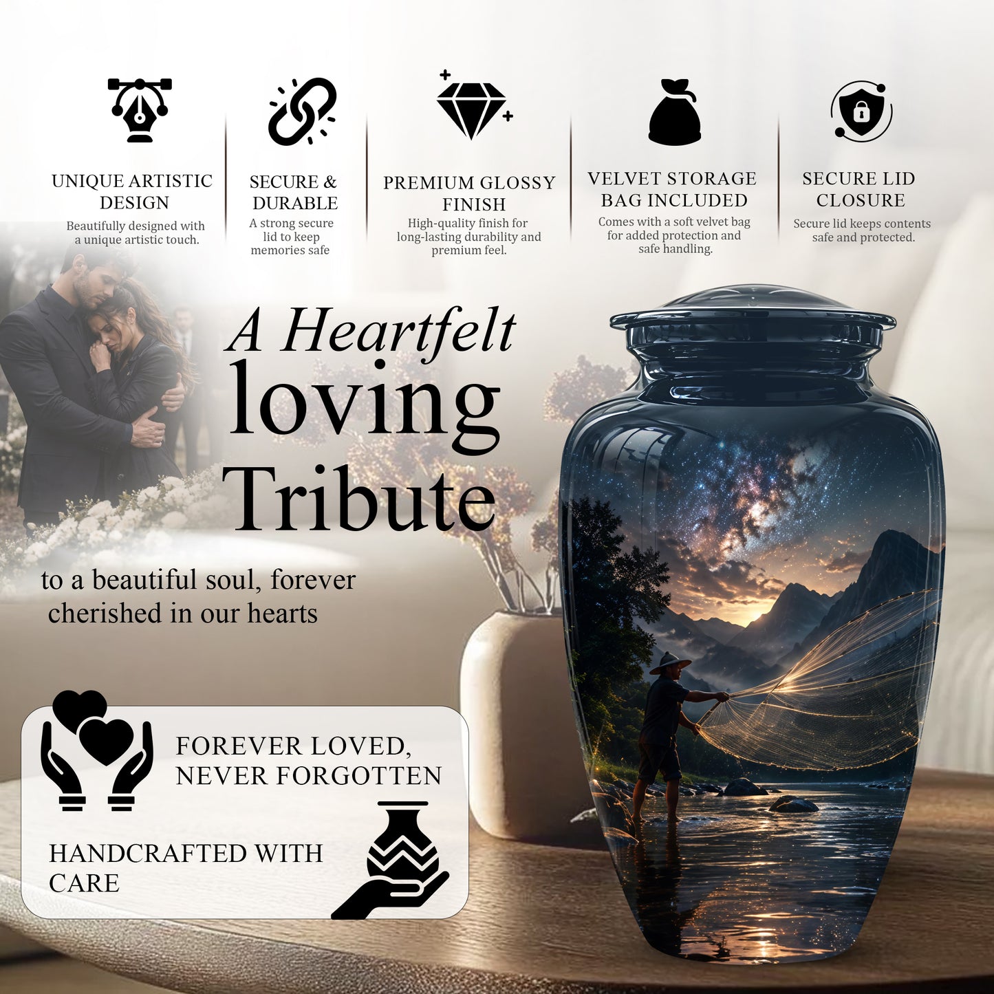 Fisherman Cremation Urn - Night Sky Memorial Urns For Human Ashes