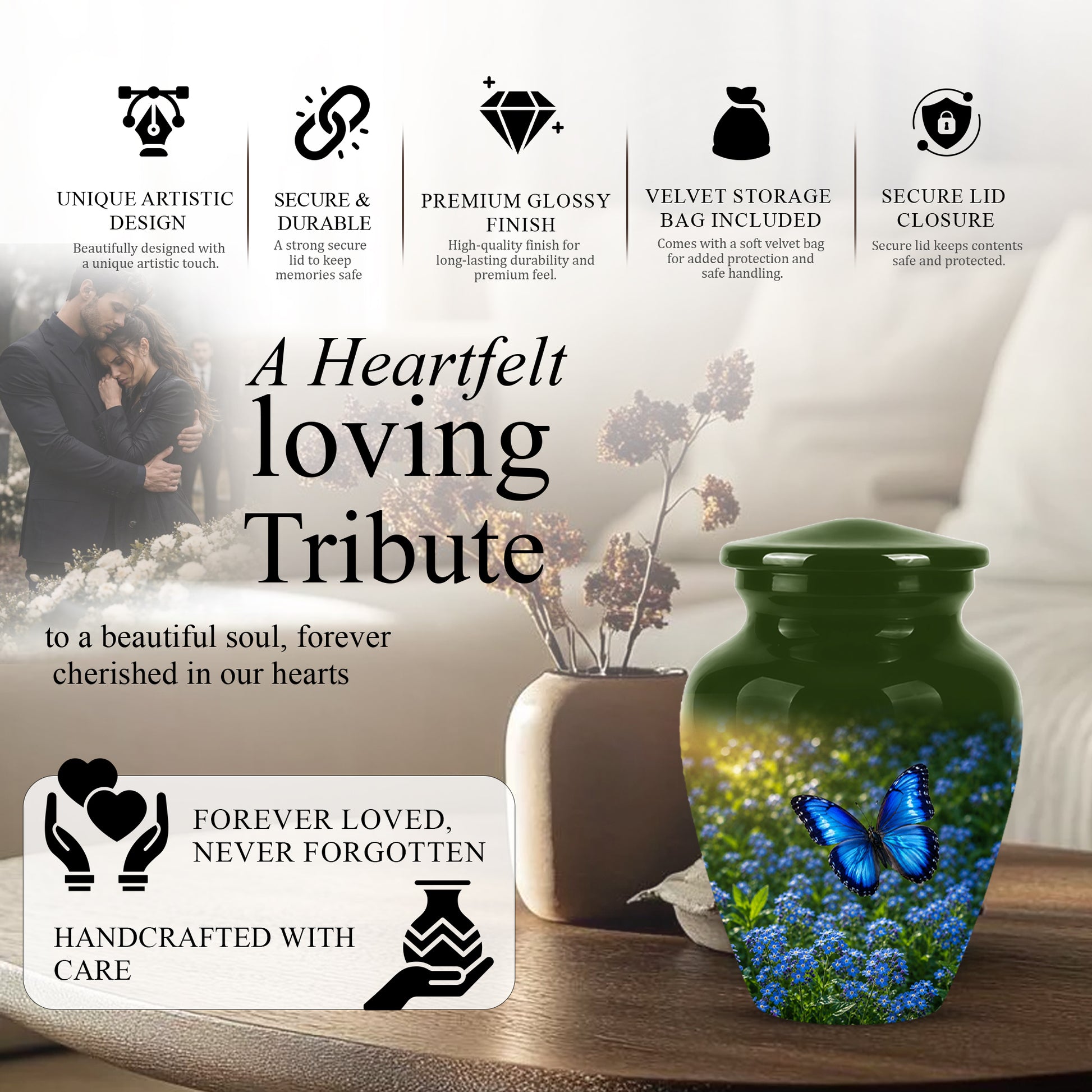 Blue Flying Butterfly Themed Urn - Majestic Butterfly Urns For Ashes