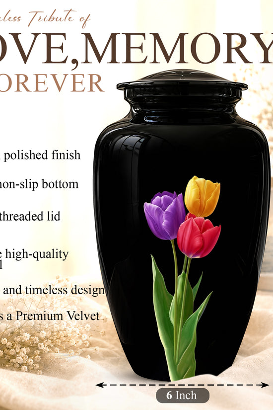 Colorful Tulips Flower Cremation Urn - Personalized Black Urns On Sale