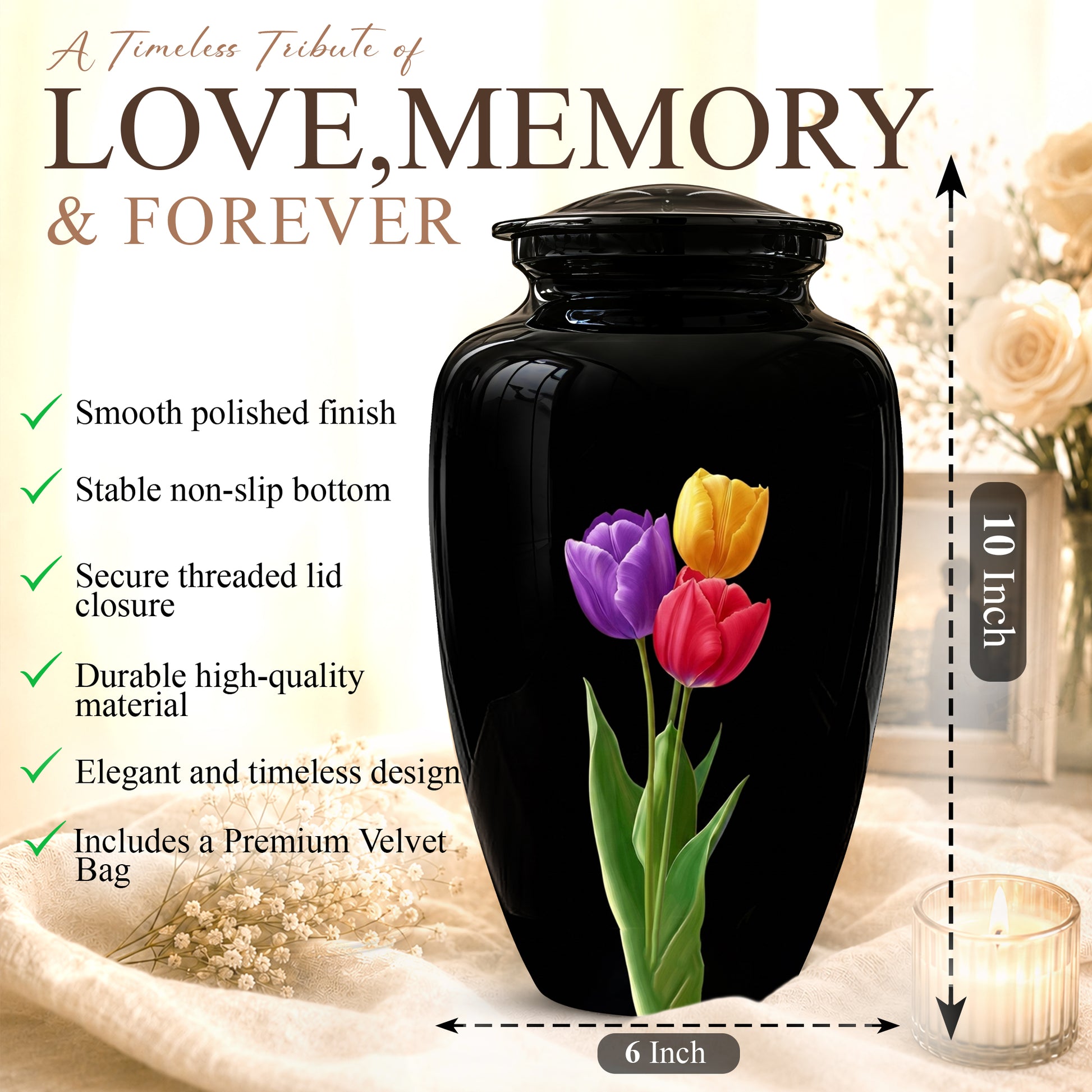 Colorful Tulips Flower Cremation Urn - Personalized Black Urns On Sale