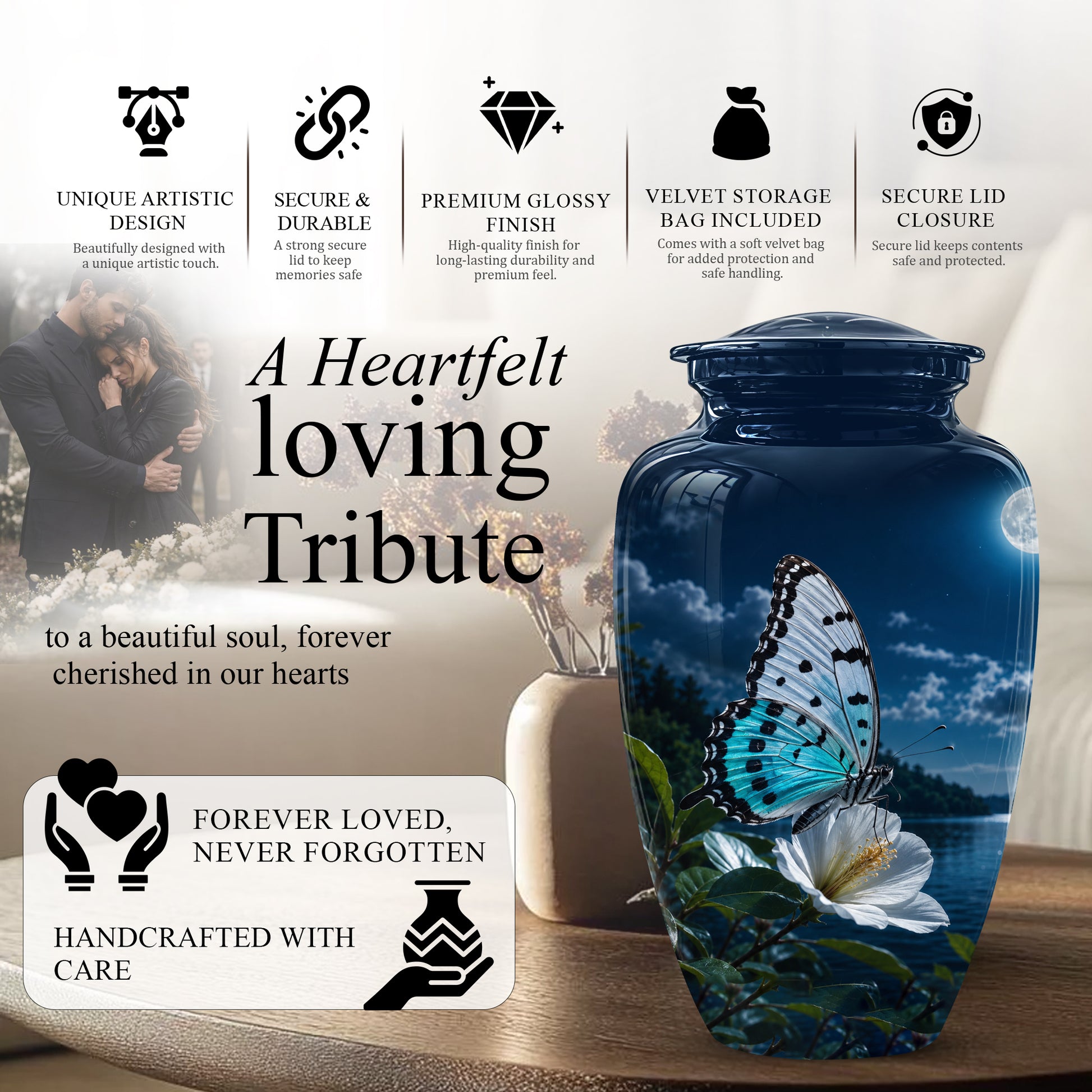 Colorful Butterfly On Flower Urn For Mom - Moonlight Memorial Urns