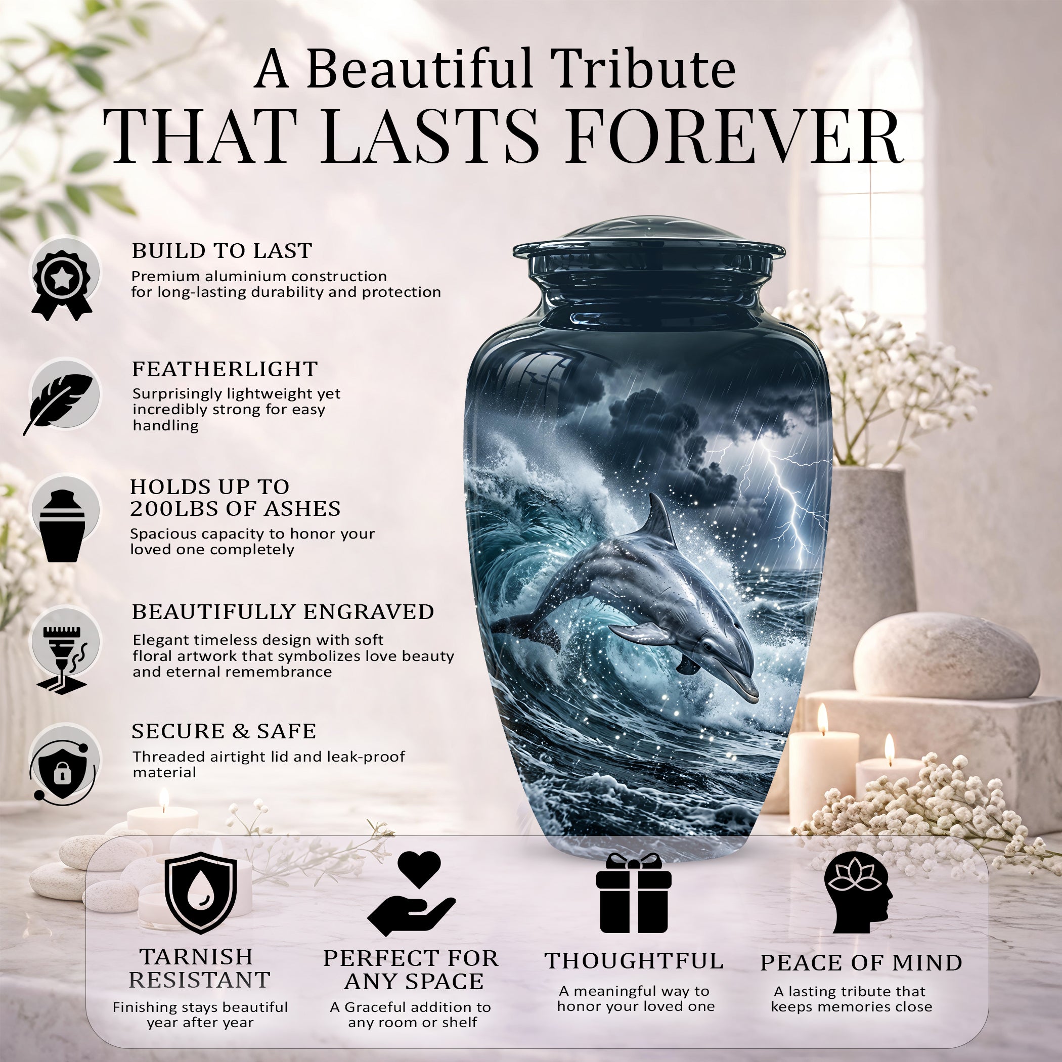 Black Dolphin In Storm Rain - Personalized Funeral Urns For Warriors