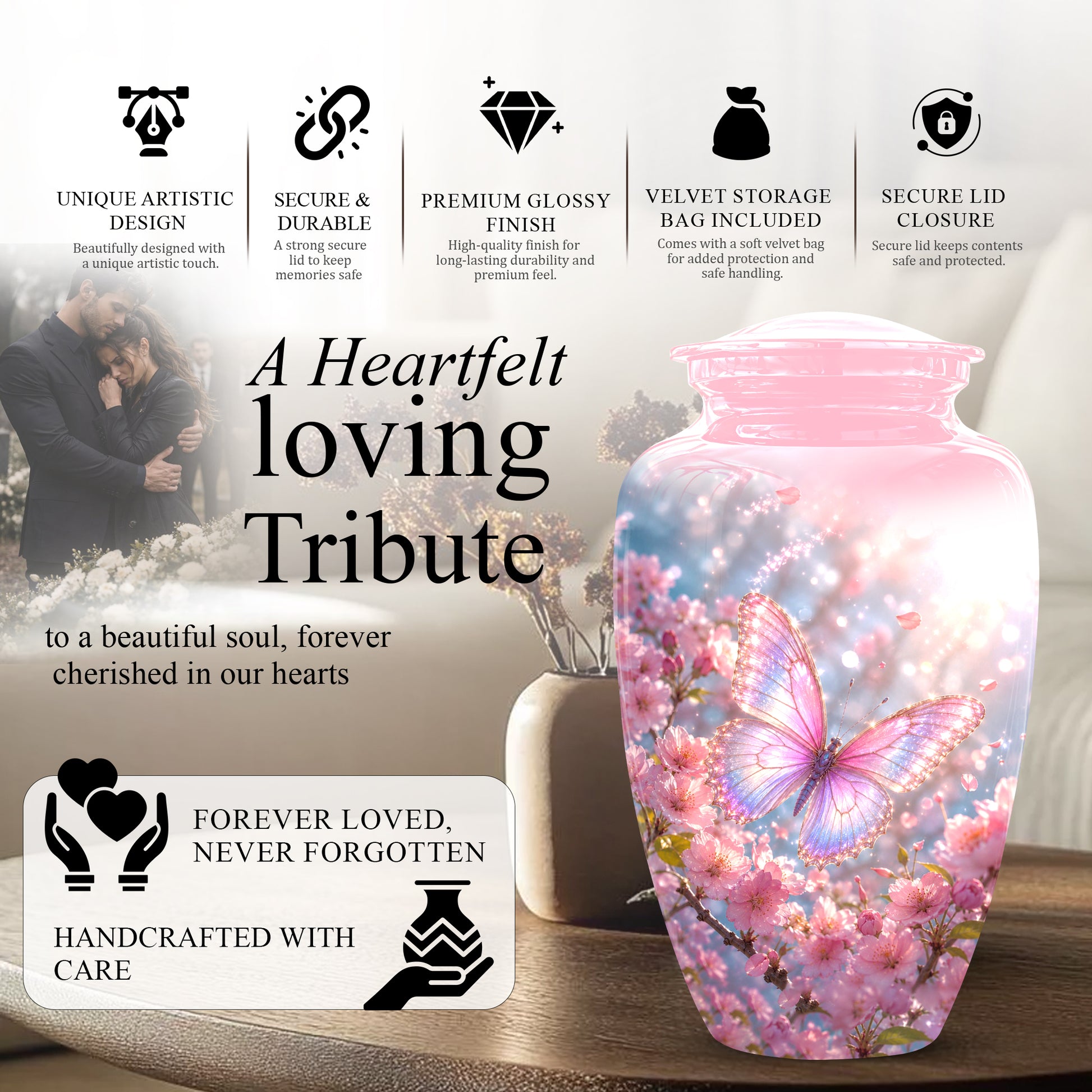 Personalized Pink Butterfly Memorial Urn - Handmade Urns For Mom Ashes