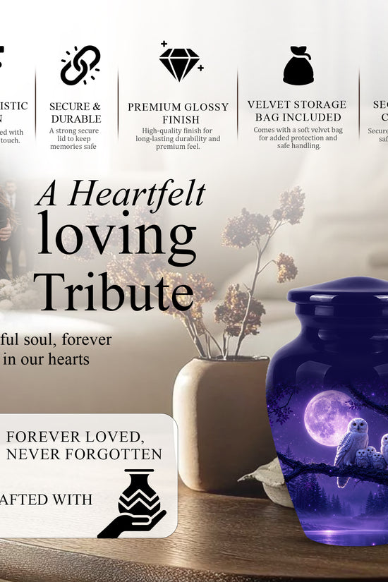 Purple Owl Cremation Urn - Handcrafted Memorial Urn For Adults Ashes
