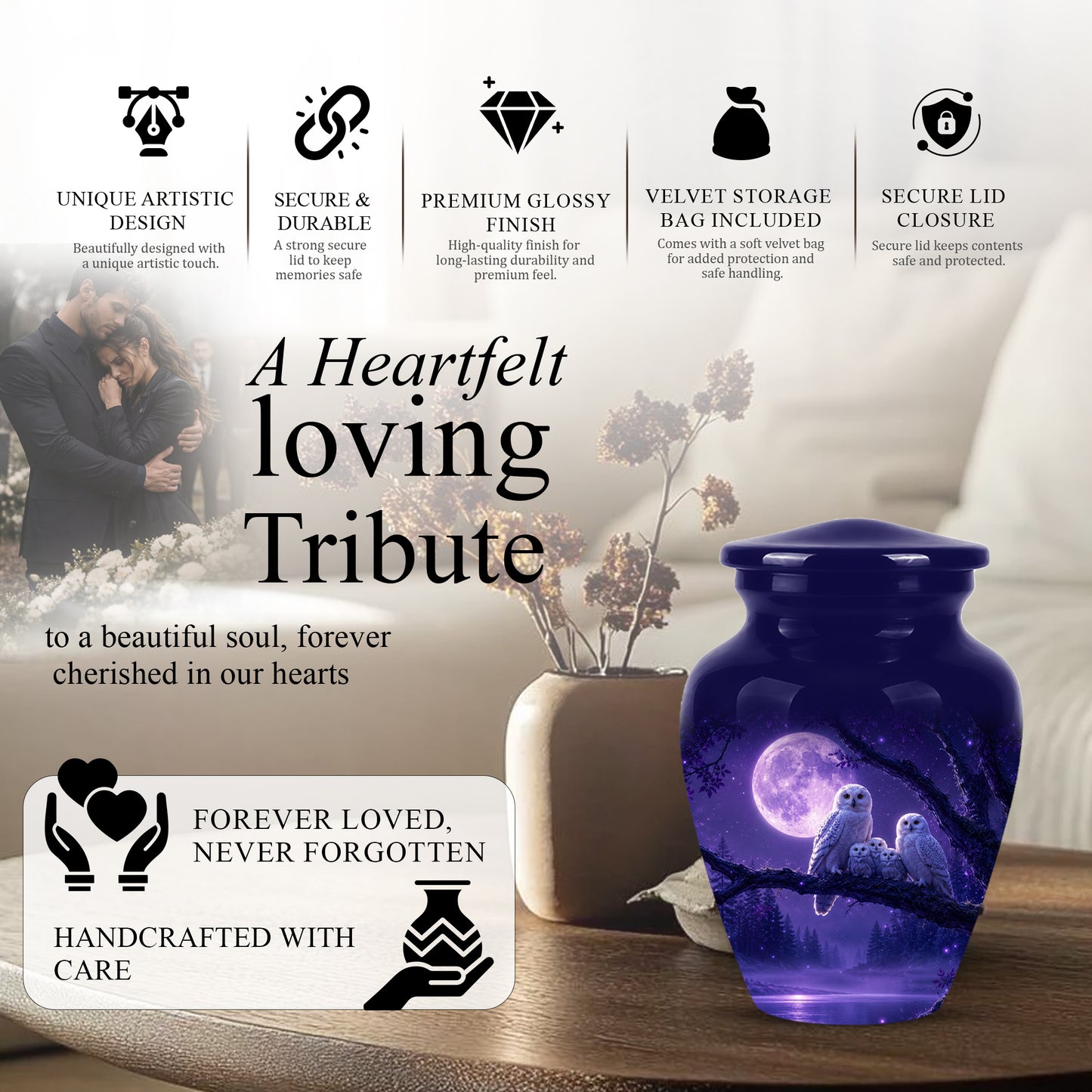 Purple Owl Cremation Urn - Handcrafted Memorial Urn For Adults Ashes