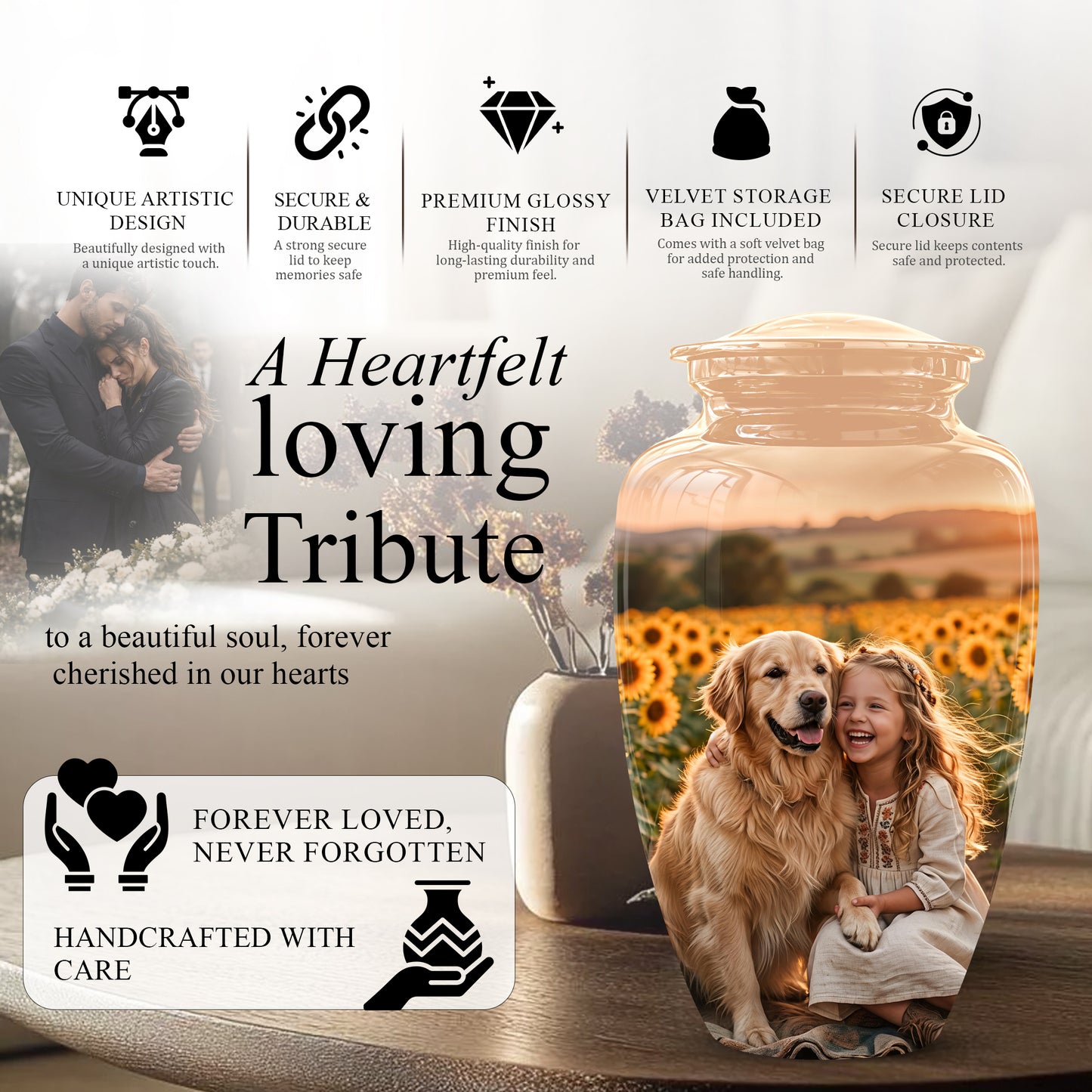 Golden Retriever With Girl - Beautifully Handcrafted Urns For Pet Ashes