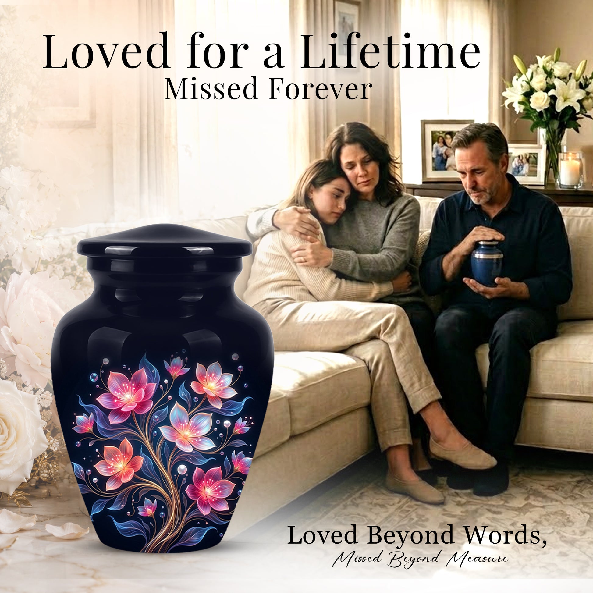 Hand-Painted Lotus Flower Cremation Urn - Decorative Urns On Sale