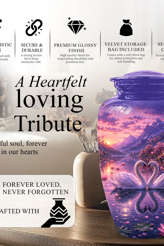 Couple Swan Cremation Urn - Purple Memorial Urns For Loved Ones Ashes