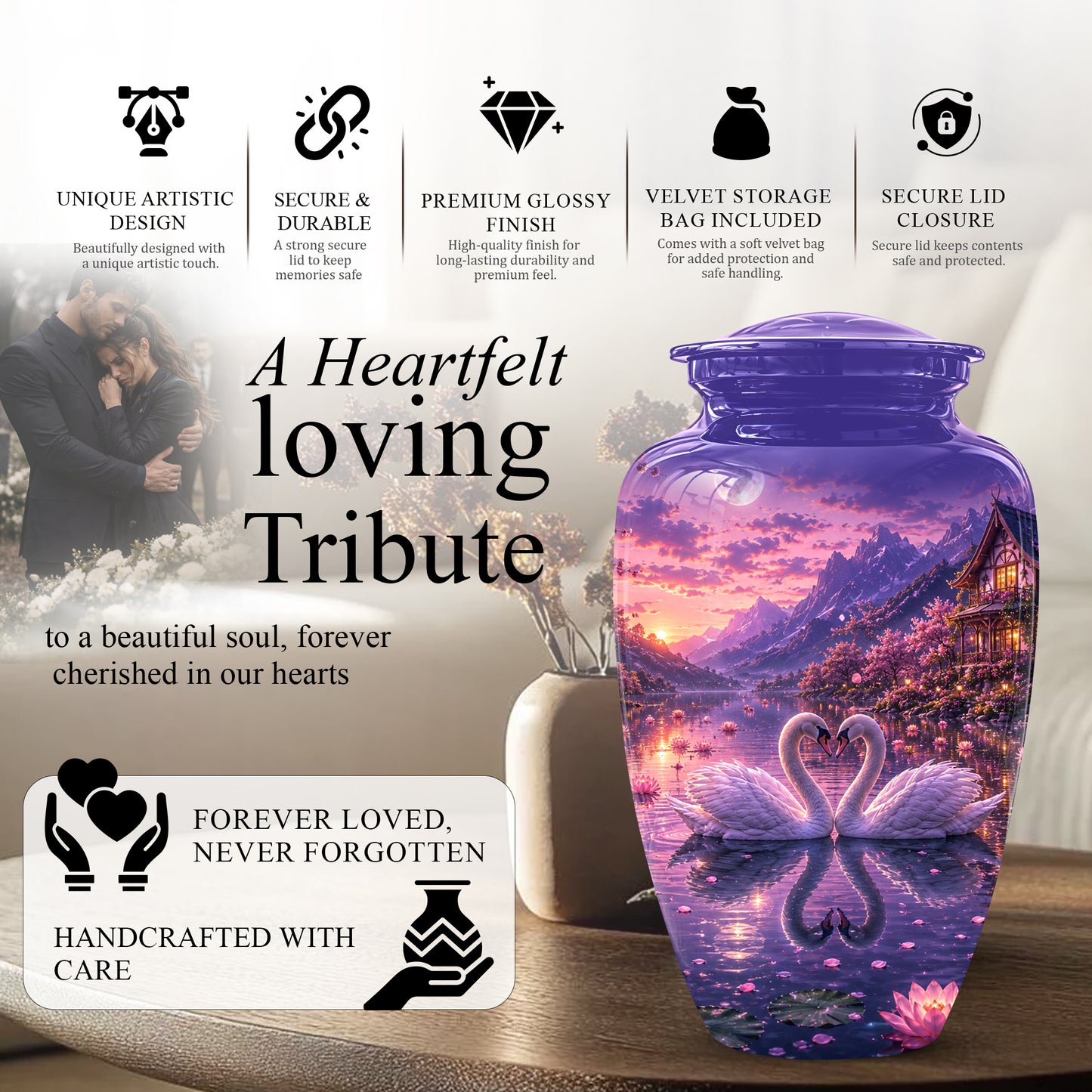 Couple Swan Cremation Urn - Purple Memorial Urns For Loved Ones Ashes