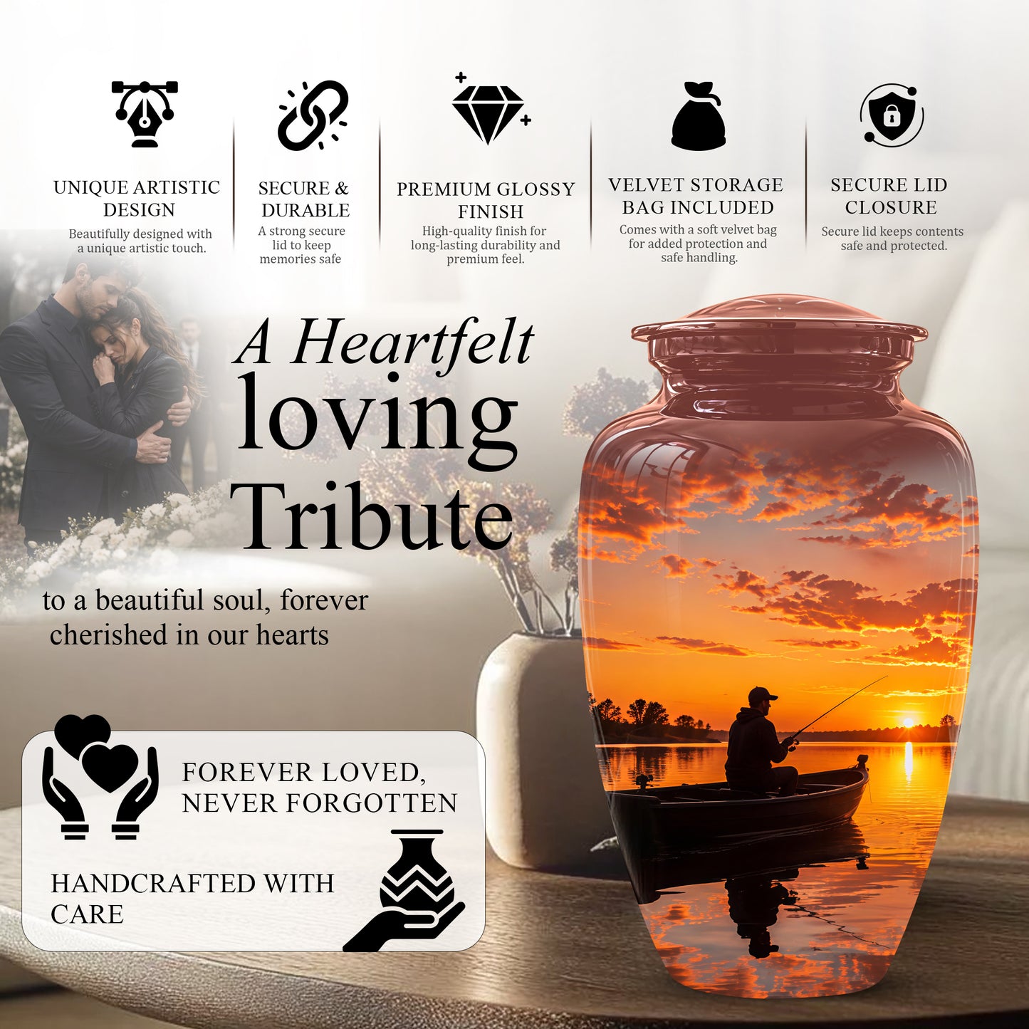 Fishing Sunset Cremation Urn - Beautiful Custom Urns For Dad On Sale