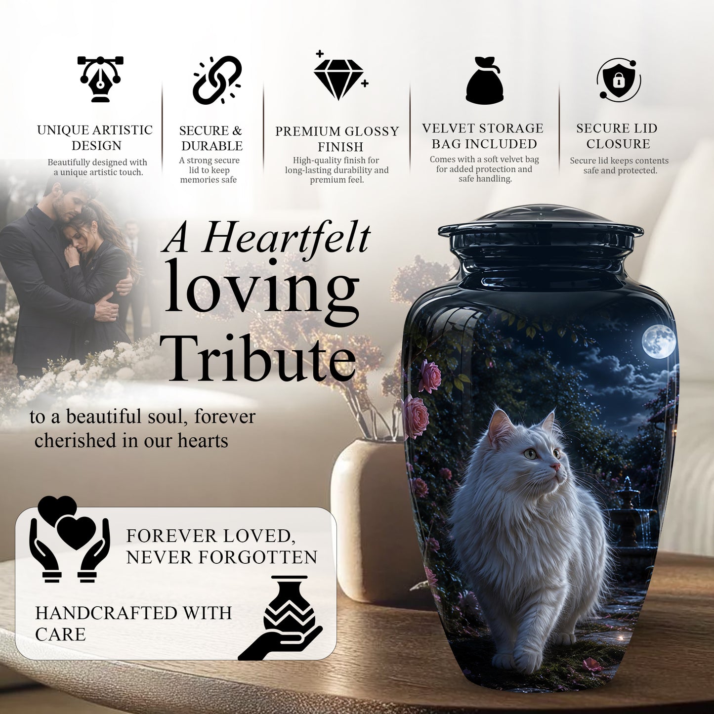 Beautiful White Cat Cremation Urn -  Personalized Handcrafted Pet Urns