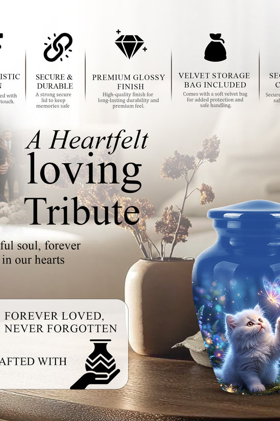 White Cat With Majestic Butterfly - Blue Cremation Urns For Human Ashes