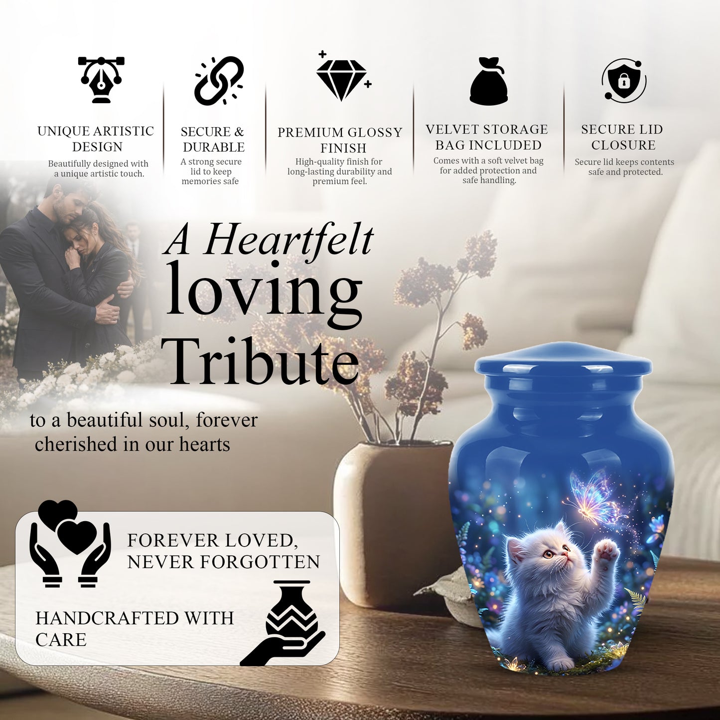 White Cat With Majestic Butterfly - Blue Cremation Urns For Human Ashes