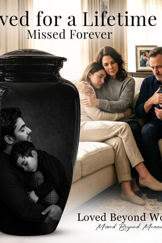 Black Father & Son Memorial Urn - Custom Cremation To Tribute Dad Ashes