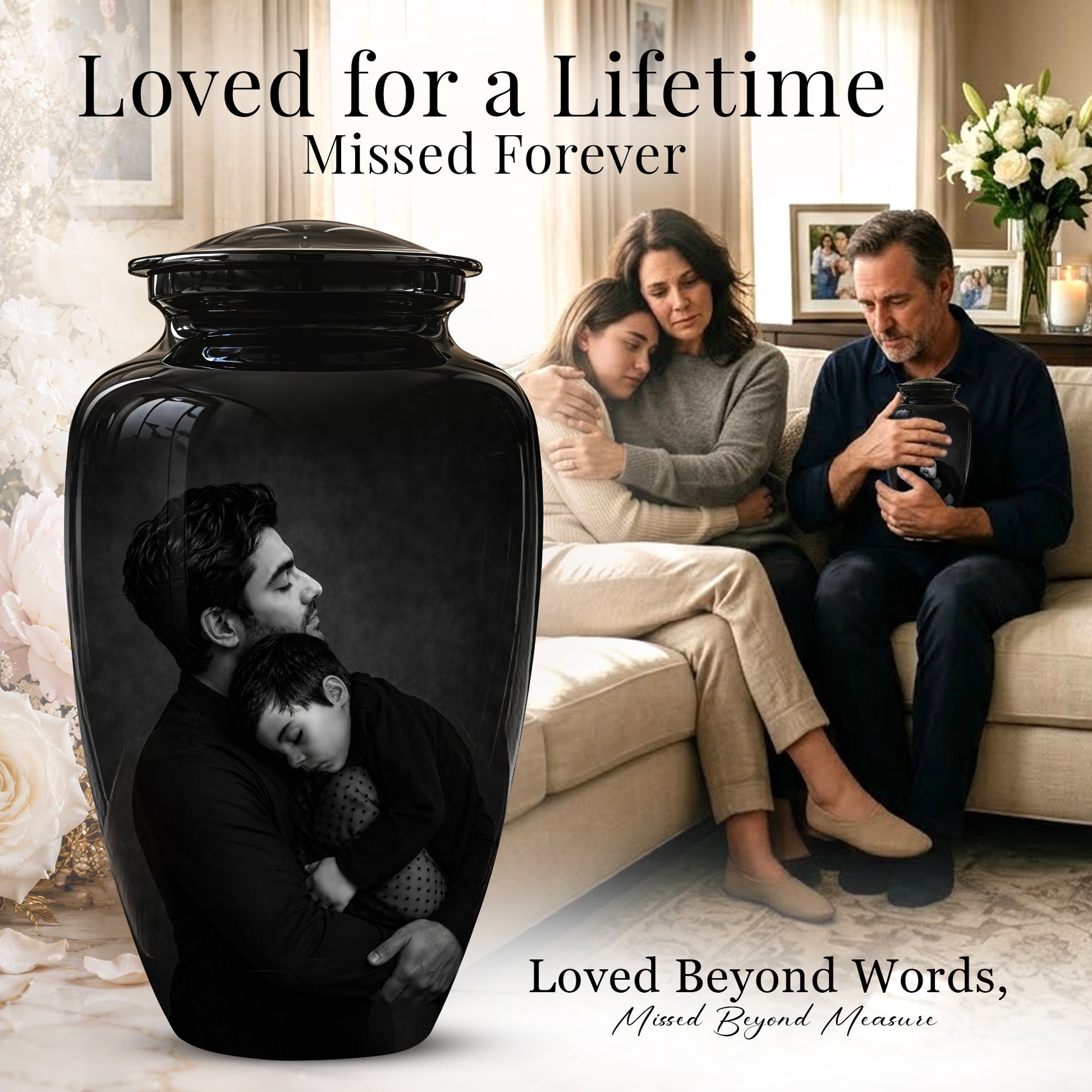 Black Father & Son Memorial Urn - Custom Cremation To Tribute Dad Ashes