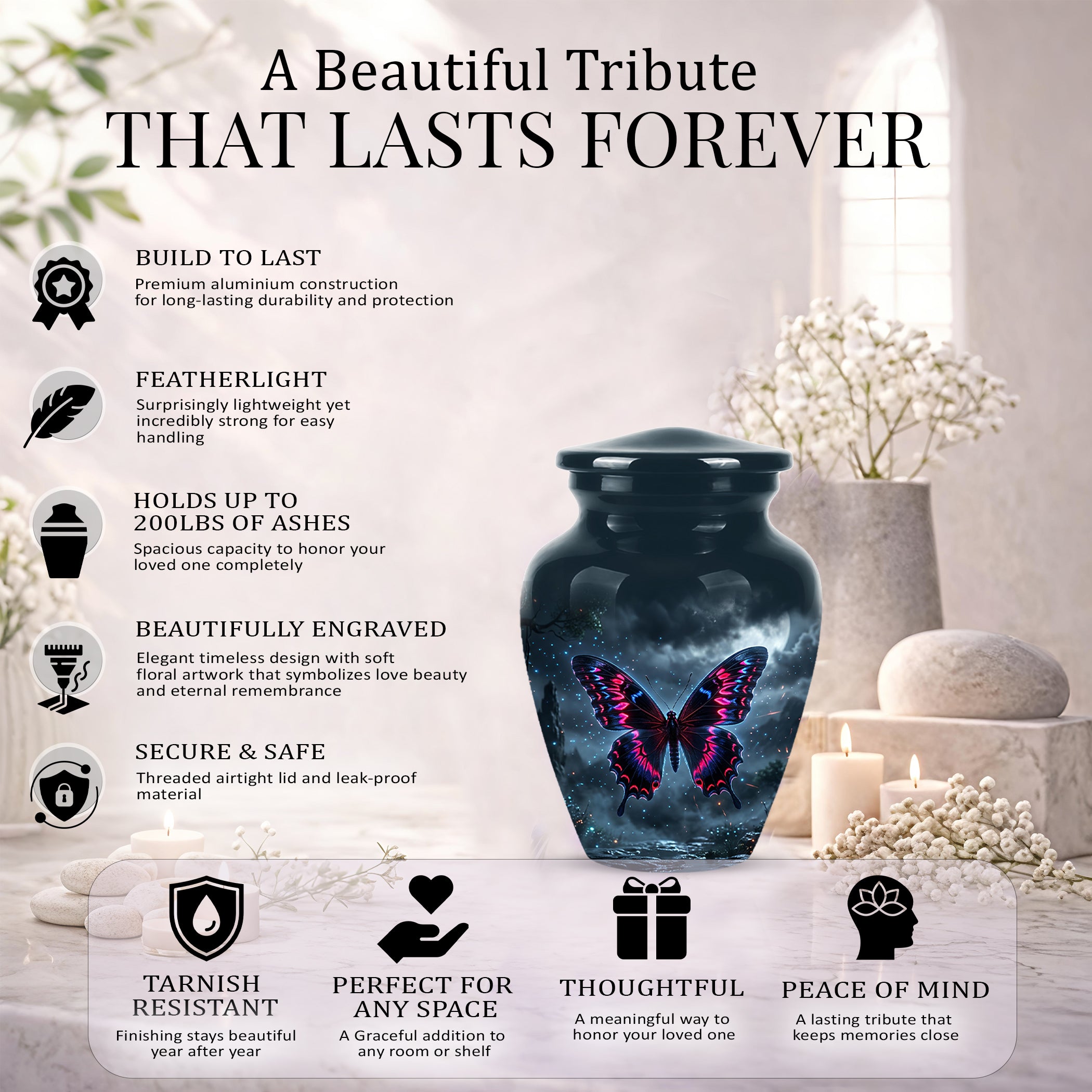Colorful Butterfly Cremation Urn - Personalized Black Memorial Urns