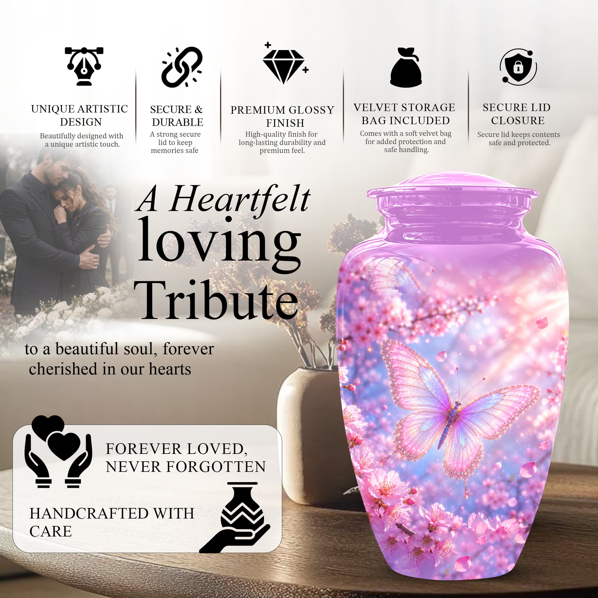 Beautiful Pink Butterfly Cremation Urn - Peaceful Tribute Urns For Mom
