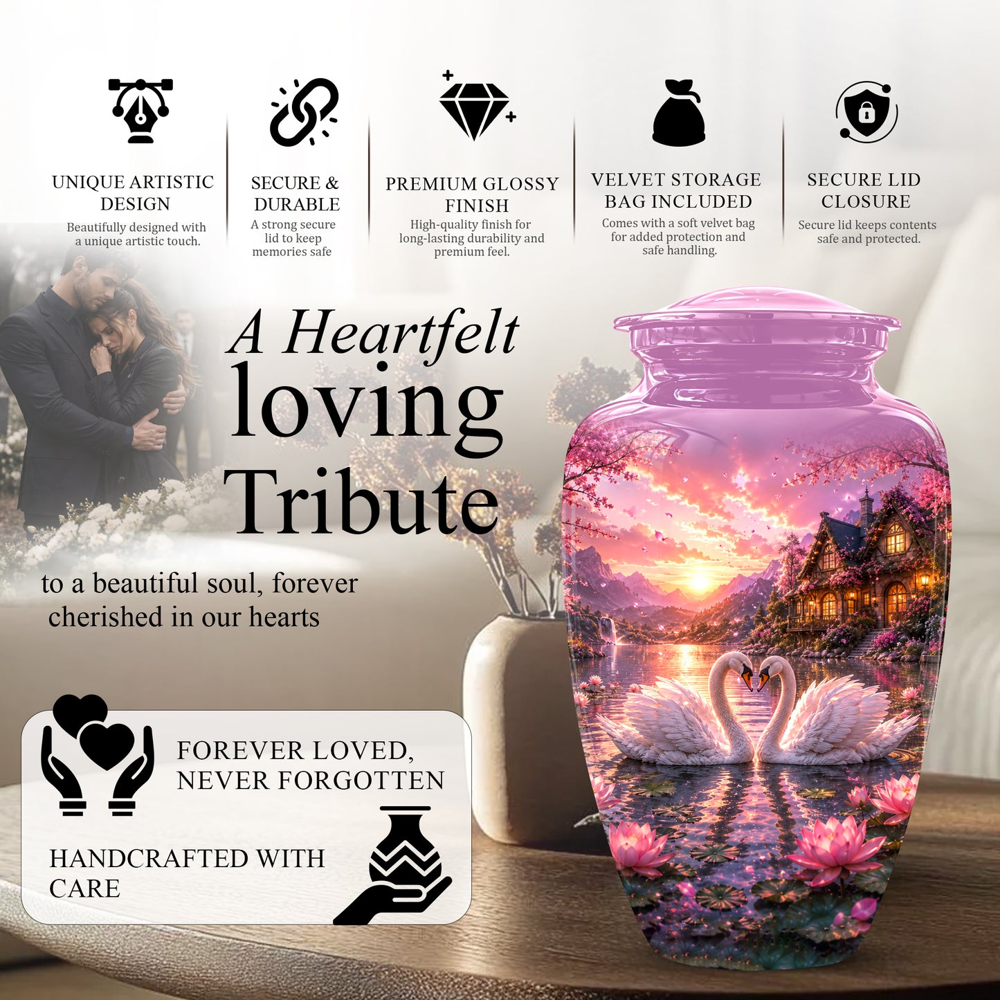 Couple Swan Memorial Urn - Peaceful Classic Urn For Lover's Ashes