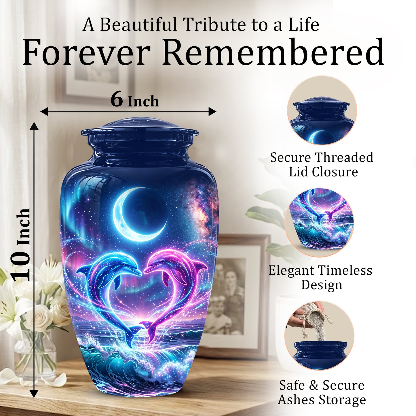 Heart Dolphin Cremation Urn for Ashes – Celestial Moon Memorial Urns