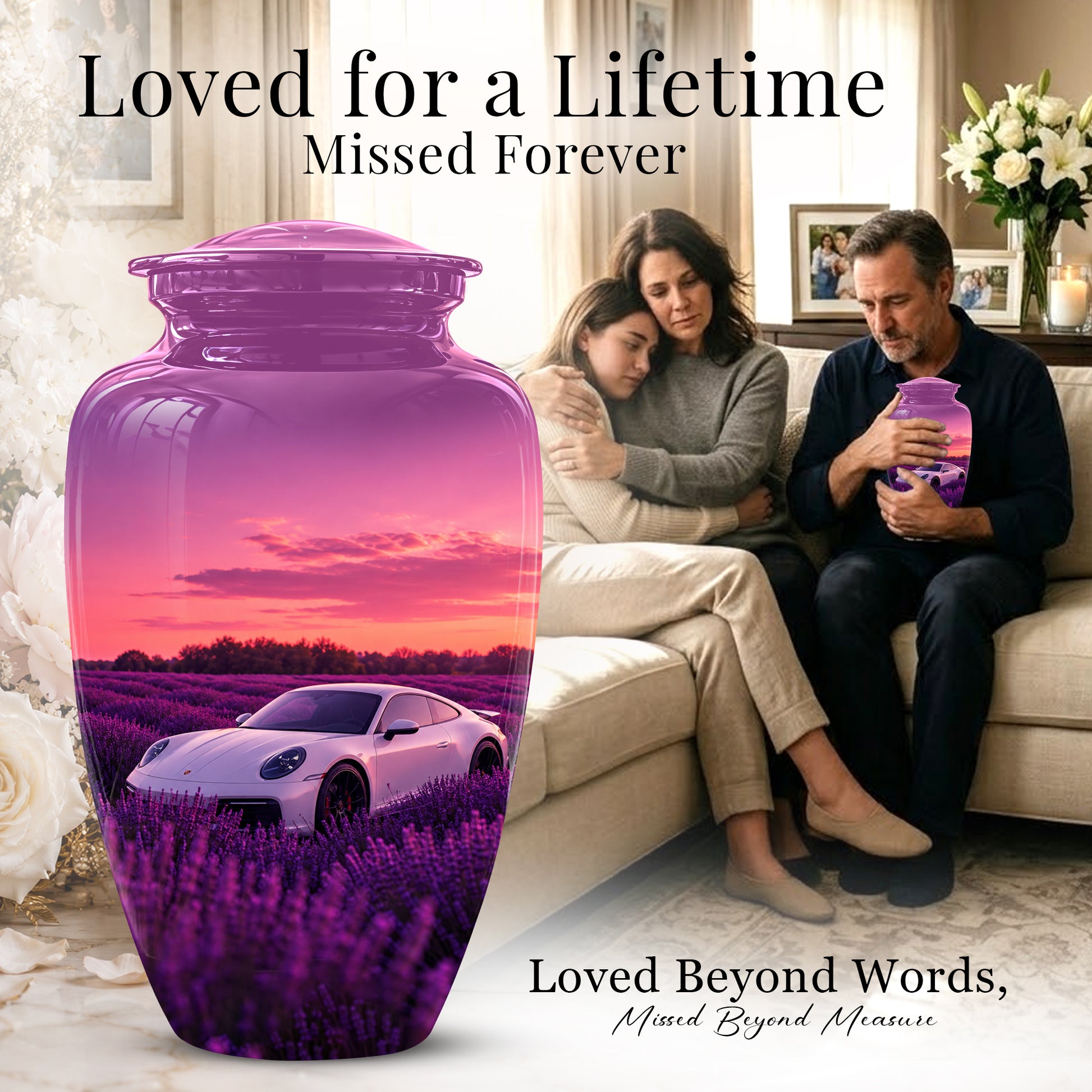 White Car Funeral Urn - Sunset Memorial Urns For Women Car Enthusiasts