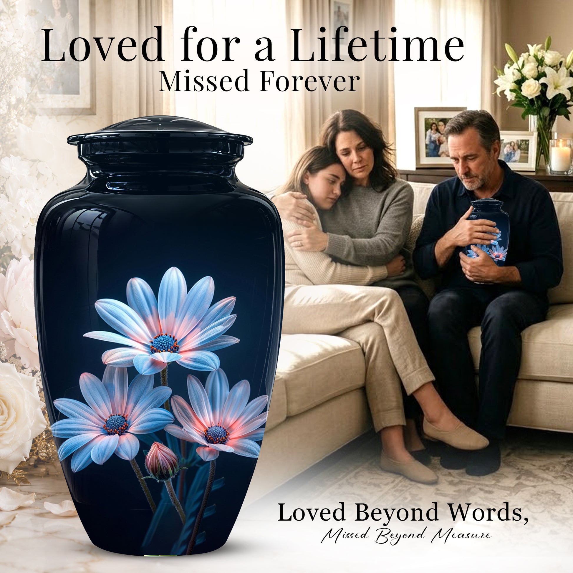 Blue Flower Memorial  Urn - Beautifully Crafted Urns To Tribute Ashes