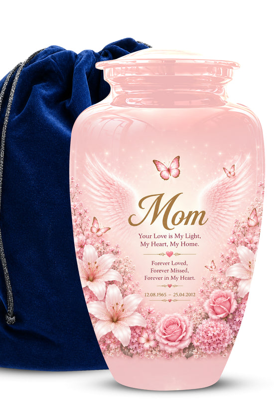 Angel Wings Funeral Urn for Mom – Pink Aluminium Burial Urn for Human Ashes