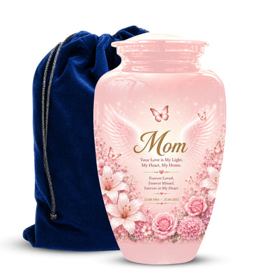 Angel Wings Funeral Urn for Mom – Pink Aluminium Burial Urn for Human Ashes